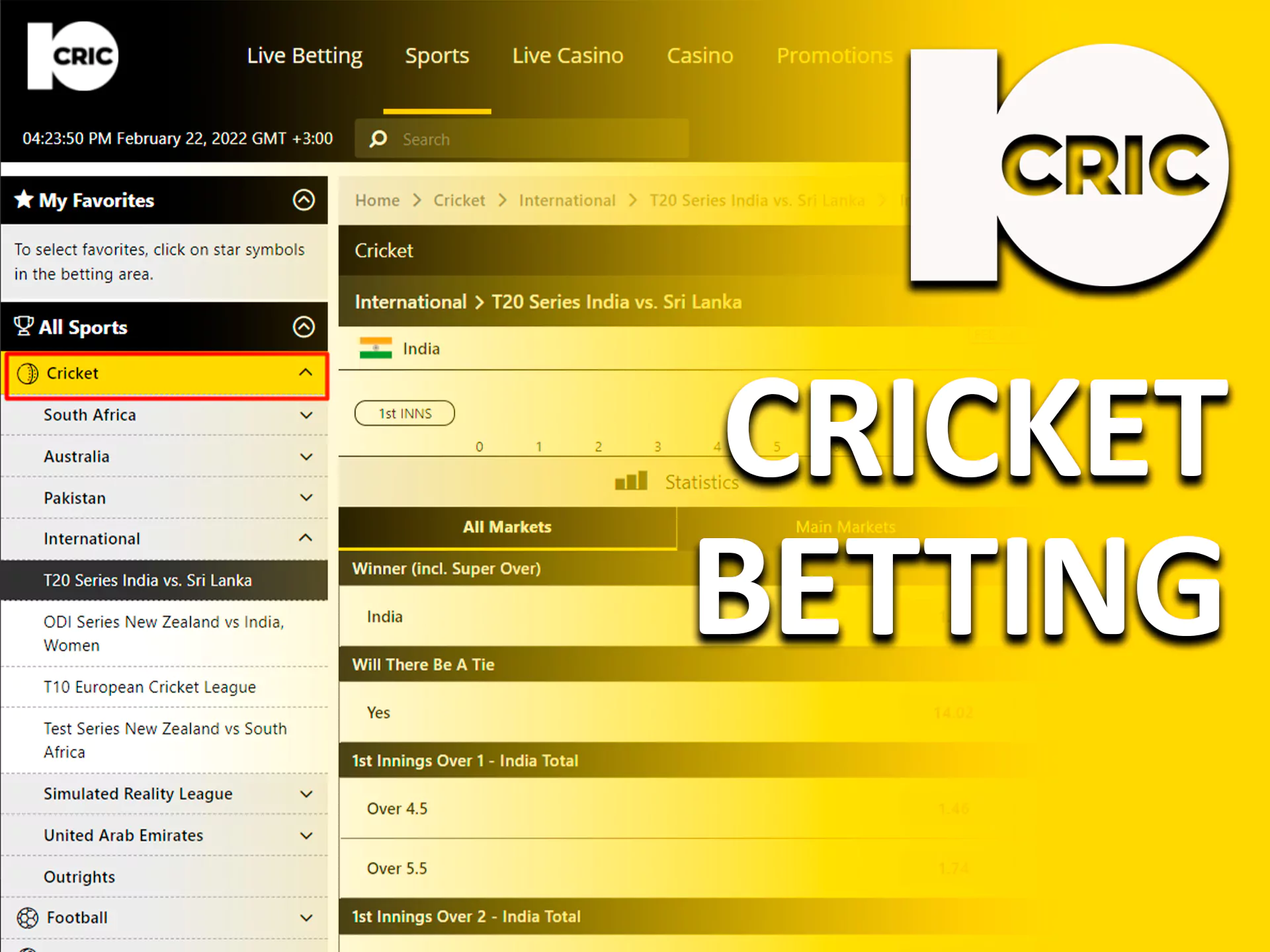 Place bets on the cricket teams in the 10cric sportsbook.