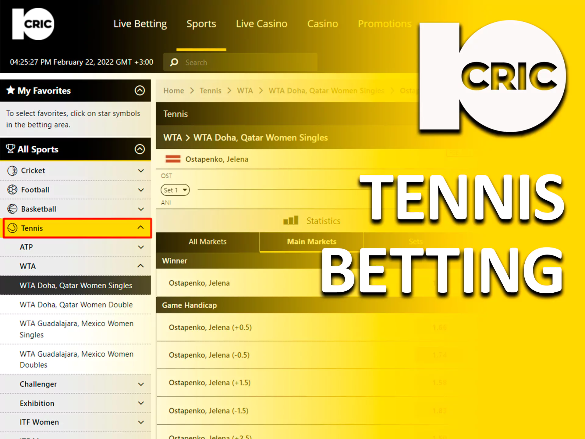 Tennis betting is also available on 10cric.