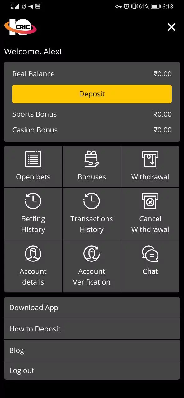 Your personal account in the 10Cric app.