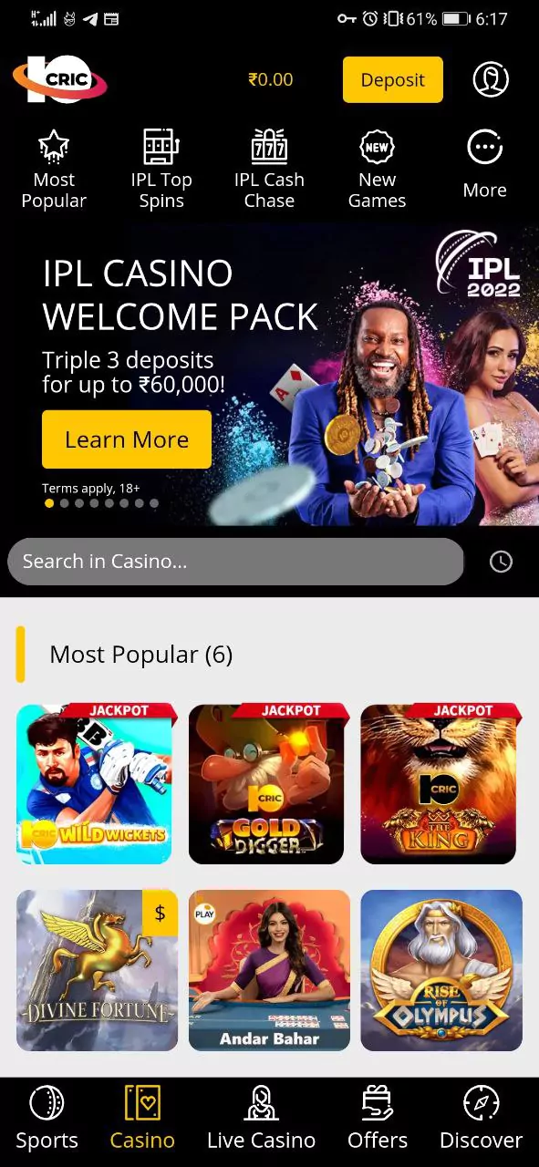 The online casino section of the 10Cric app.