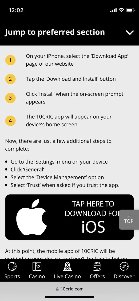 Start the process of downloading the 10Cric for iOS app file.